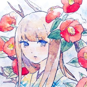 水彩画 イラスト 和風 女の子 椿 現代アート 絵画の通販 販売