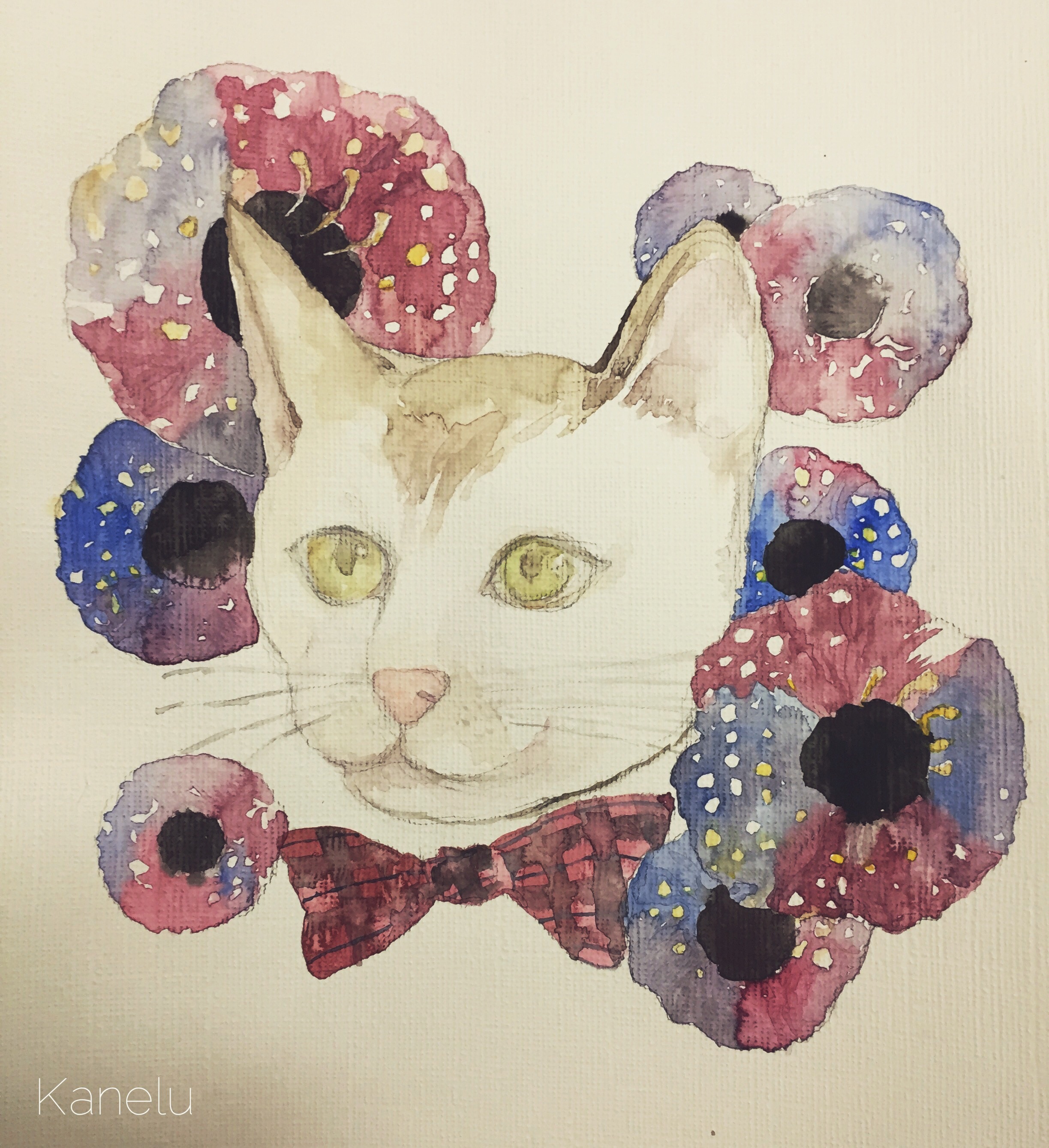 絵画 。手描き【花と食べ物でいっぱいのレストラン、猫たちの楽しい