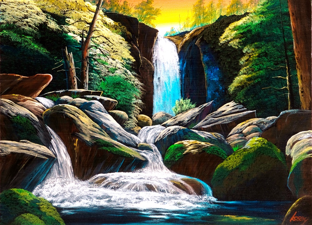 夕焼けの白く輝く滝 | アート・インテリア絵画の通販・販売サイト