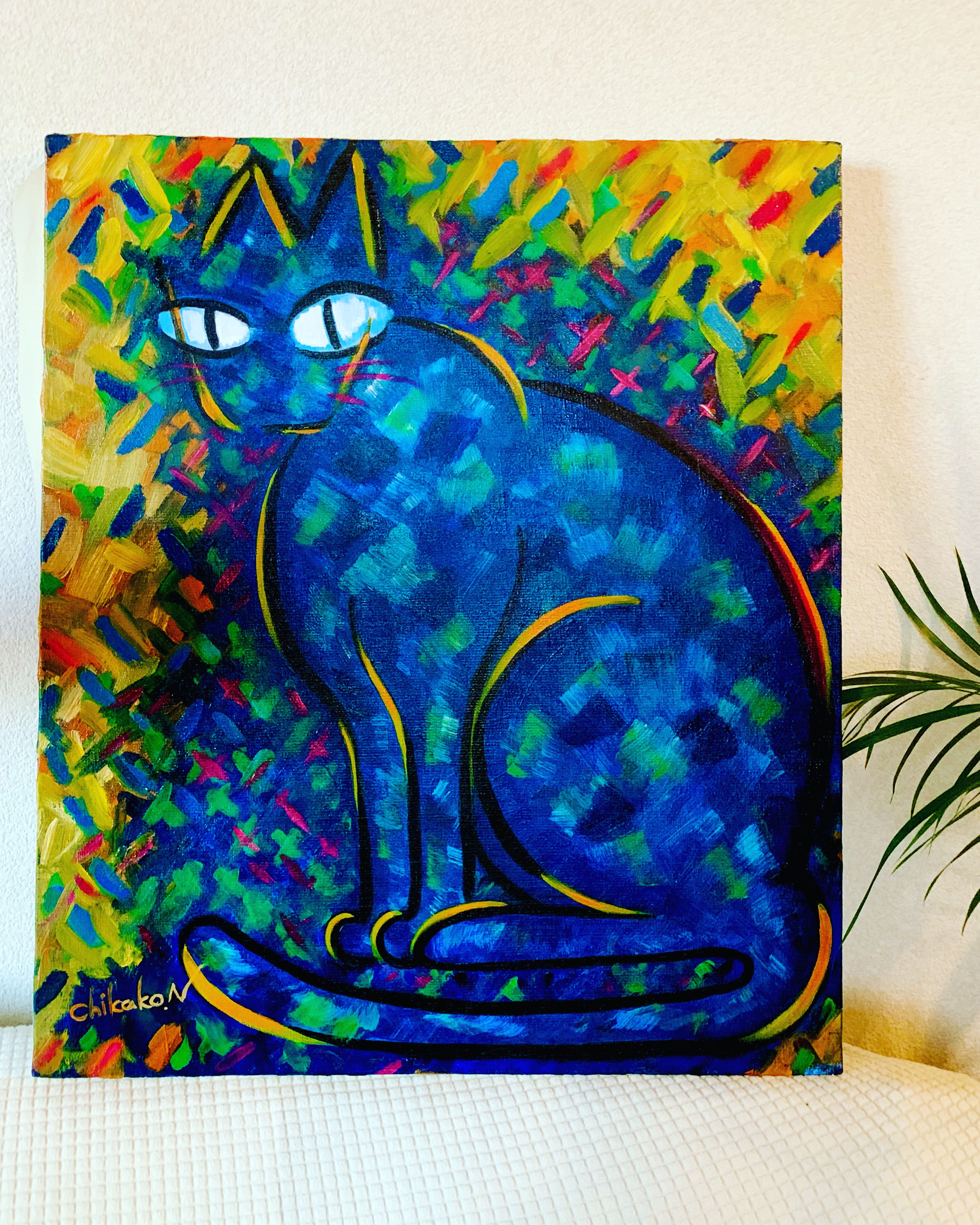 油絵 絵画【猫と青い薔薇】-
