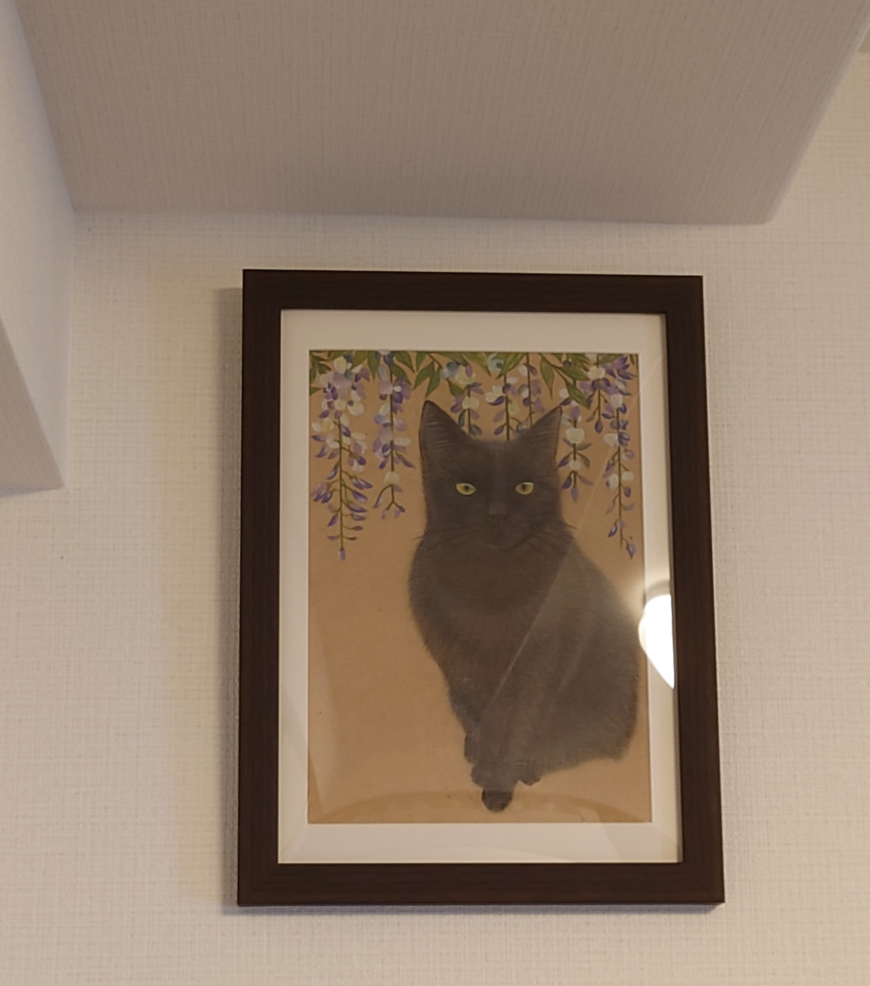 B5サイズ【手描き原画☆１点もの】黒猫と藤の花【マット入りの額つき