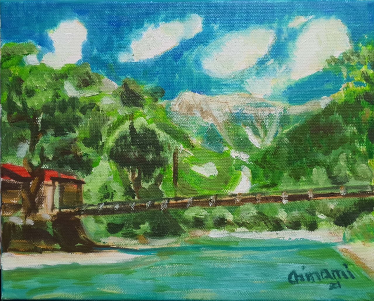 【国産在庫】絵画 油絵 油彩 風景画 台風後の上高地河童橋 F6 WG211 今年最初の入荷作品です。お部屋のイメージを変えてみませんか 自然、風景画