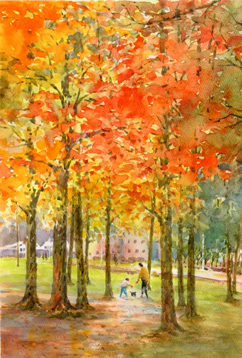 受注制作します 水彩画原画 紅葉の公園３ ＃529 | インテリア絵画 