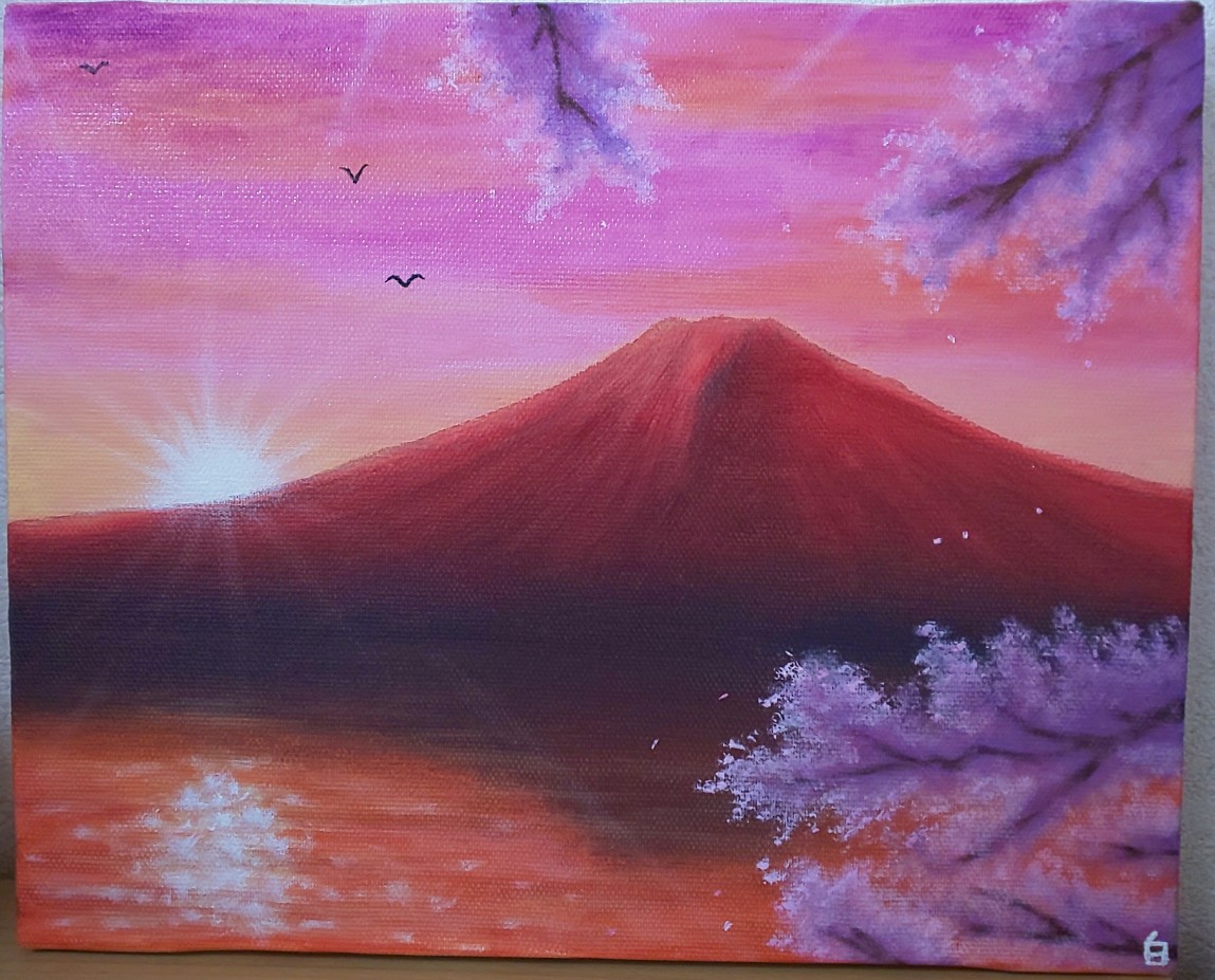 漆喰絵画　赤富士と梅の花