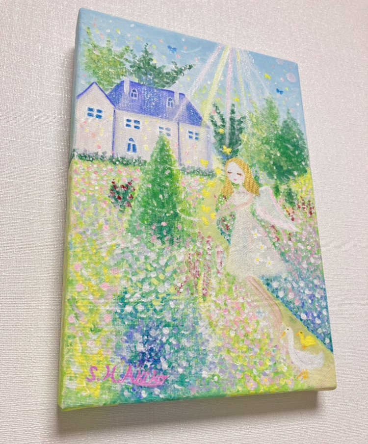 癒しの絵画 天使が舞い降りる庭 カラーセラピー オリジナルアート