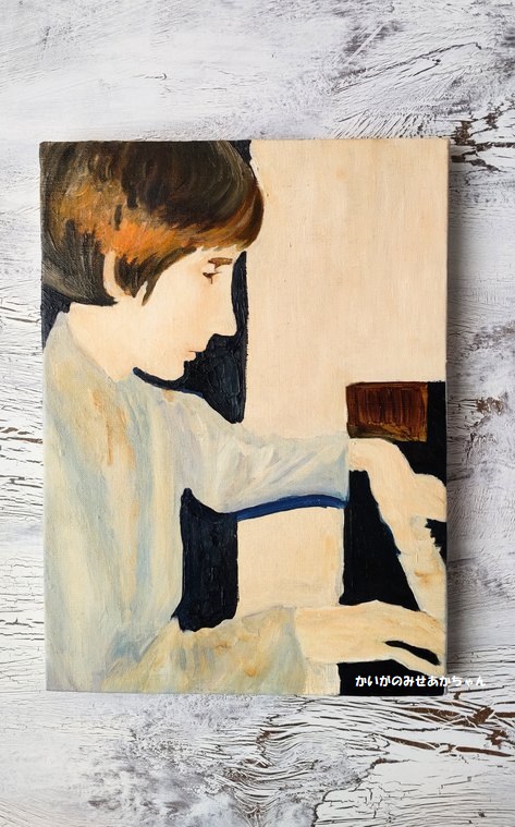 超目玉枠】 原画「ピアノの練習をする白人少年」F4・油彩 絵画 