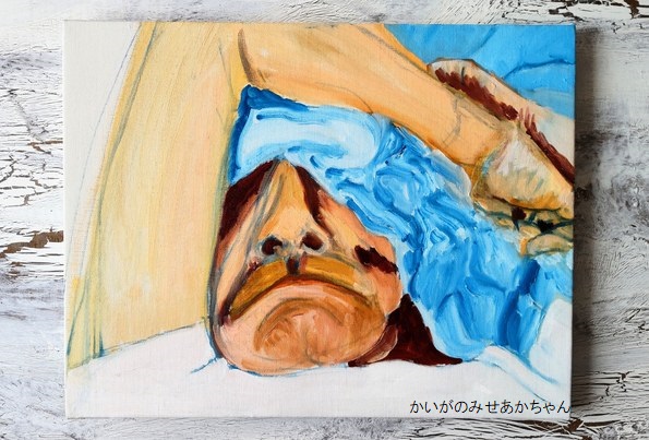 原画「朝の堤防とあかちゃん。」F6・油彩かいがのみせあかちゃんの絵画