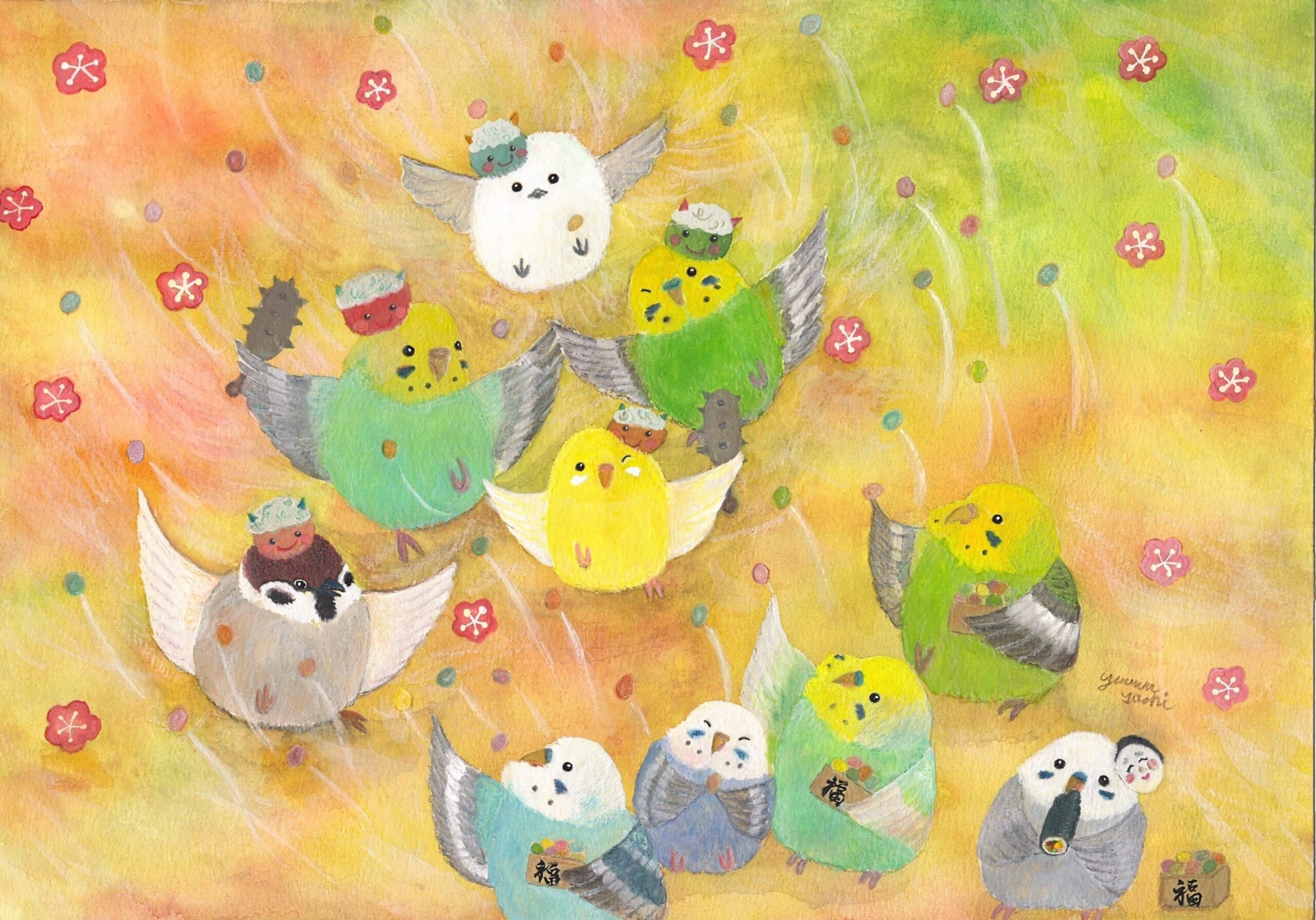 yue水彩画 パンジーと小鳥とビー玉　値段は※900円です yuuwa sachi | 絵画販売 インテリアアート専門通販 This Is Gallery