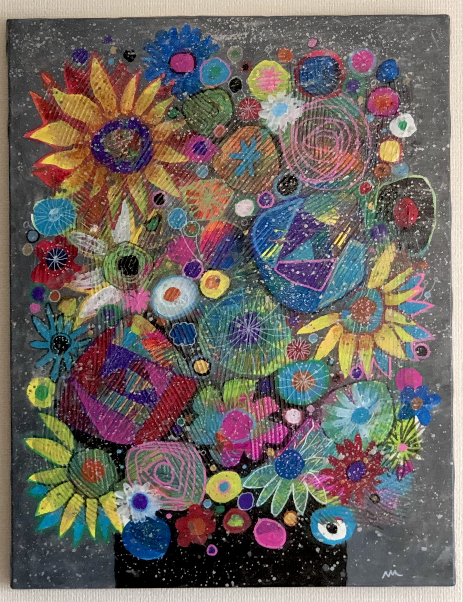 アクリル画　Sunflowers グレー 　F6号キャンバス アクリル画Sunflowers グレー F6号キャンバス