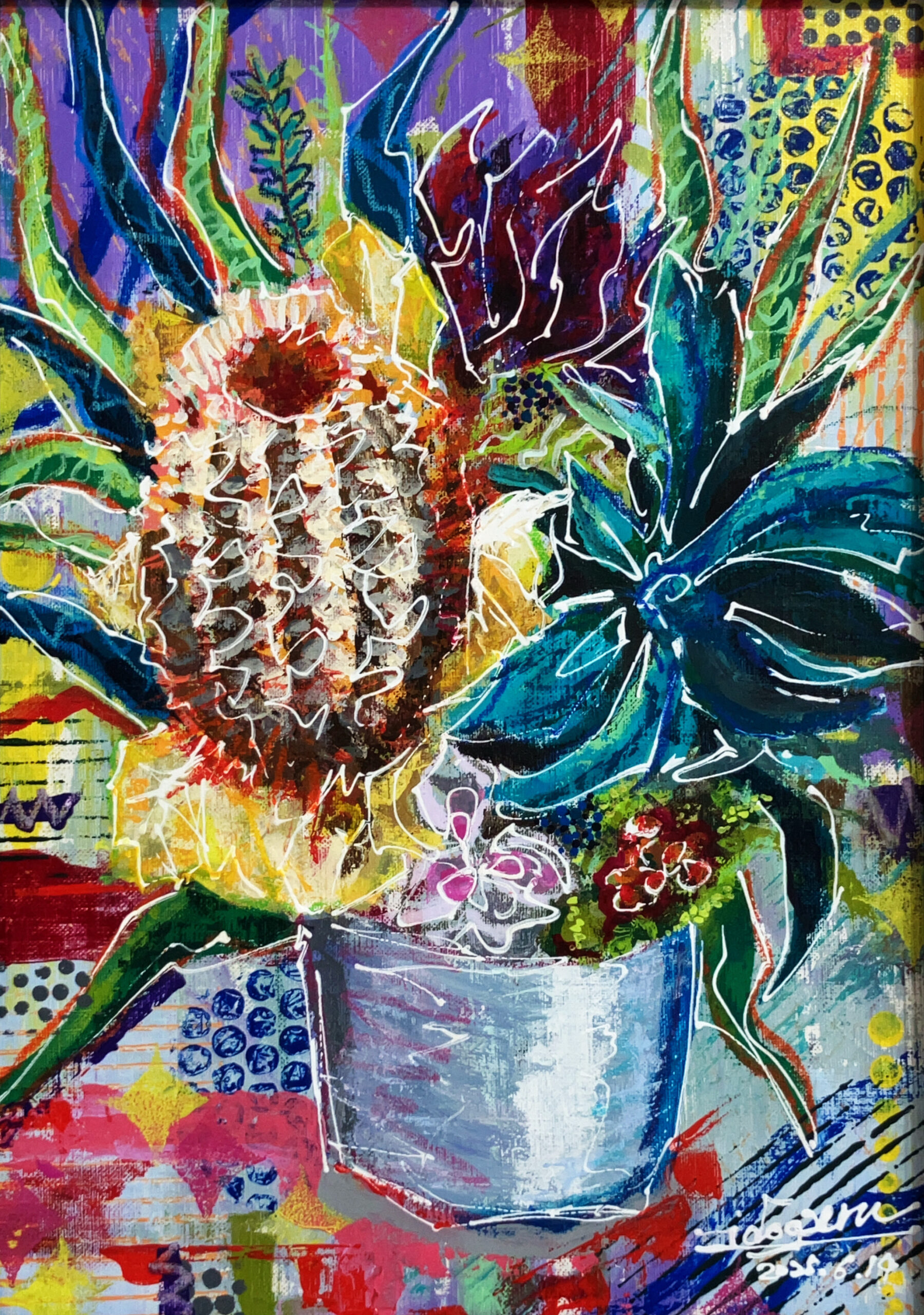 パンフラワーの絵画 パンフラワー/クレイフラワー フリージアと春のお花 アート