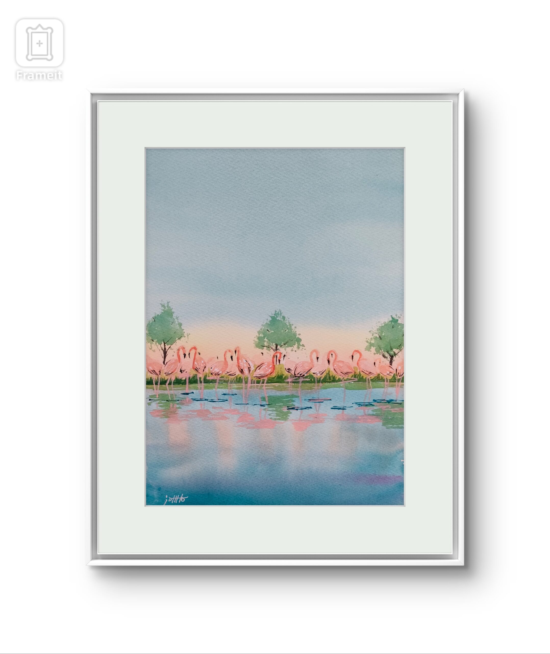 絵画 のおすすめ作品・人気作家 海　空　フラミンゴ　青　ピンク　インテリア　プレゼント　平和　穏やか　水彩画　風景画 peaceful  Island インテリア絵画 アート