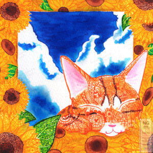 手描きイラスト のおすすめ作品・人気作家 猫 ペン画 原画 夏 『夏空と陽だまり』”Summer Sky and Sunny Nap” インテリア絵画 アート