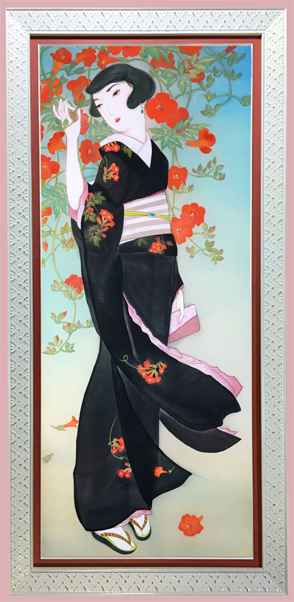 絵画 のおすすめ作品・人気作家 大正ロマン　昭和レトロ　絹本　日本画　　 大正浪漫「凌霄花-のうぜんかずら-」長方形額入 インテリア絵画 アート