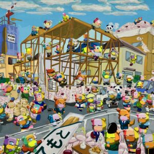 手描きイラスト のおすすめ作品・人気作家 クマ　カラフル　イラスト 赤飯と木造住宅建築中 インテリア絵画 アート