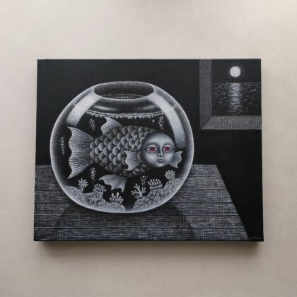 アクリル画 のおすすめ作品・人気作家 アクリル モノクロ 夜 海 魚 ガラス ファンタジー 月 水 水槽 絵画 部屋 海の見える部屋 インテリア絵画 アート