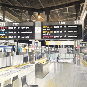 水彩画 のおすすめ作品・人気作家 水彩画 夜景 新幹線 鉄道 風景画 駅 夜の新横浜駅 インテリア絵画 アート