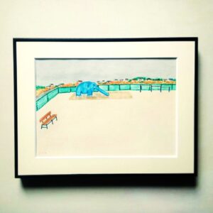 手描きイラスト のおすすめ作品・人気作家 アクリルガッシュ ペン 原画 水彩 水彩絵の具 青い象のいる広場 インテリア絵画 アート