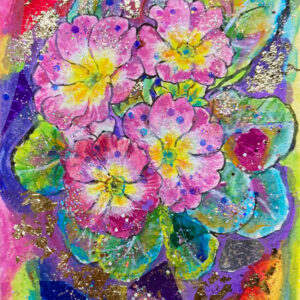 絵画 のおすすめ作品・人気作家 プリムラ　花　絵　アクリル　コラージュ　キラキラ Primula on a Good Day インテリア絵画 アート