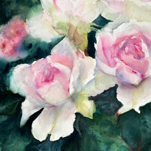 水彩画 のおすすめ作品・人気作家 ピンク 白 緑 花 バラ 水彩 淡いピンクのバラ インテリア絵画 アート