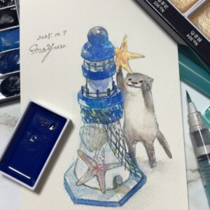 水彩画 のおすすめ作品・人気作家 カワウソ 灯台のオブジェ インテリア絵画 アート