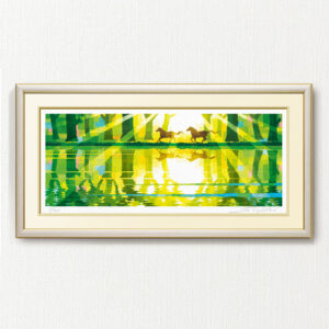 版画 のおすすめ作品・人気作家 緑 自然 黄色 fineart modernart Nature インテリアアート ファインアート モダンアート 午 湖畔 額付き 額装品 馬 想い出の湖畔（WA-067・60×30） インテリア絵画 アート
