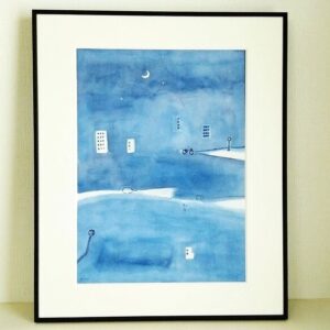 水彩画 のおすすめ作品・人気作家 夜 blue インク ペン画 三日月 心象風景 月 水彩絵の具 青 風景 風景画 三日月の夜に インテリア絵画 アート