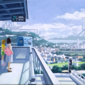 アクリル画 のおすすめ作品・人気作家 SF アクリル画 未来都市 風景画 スカイトラムを待つ人(未来都市 03) インテリア絵画 アート
