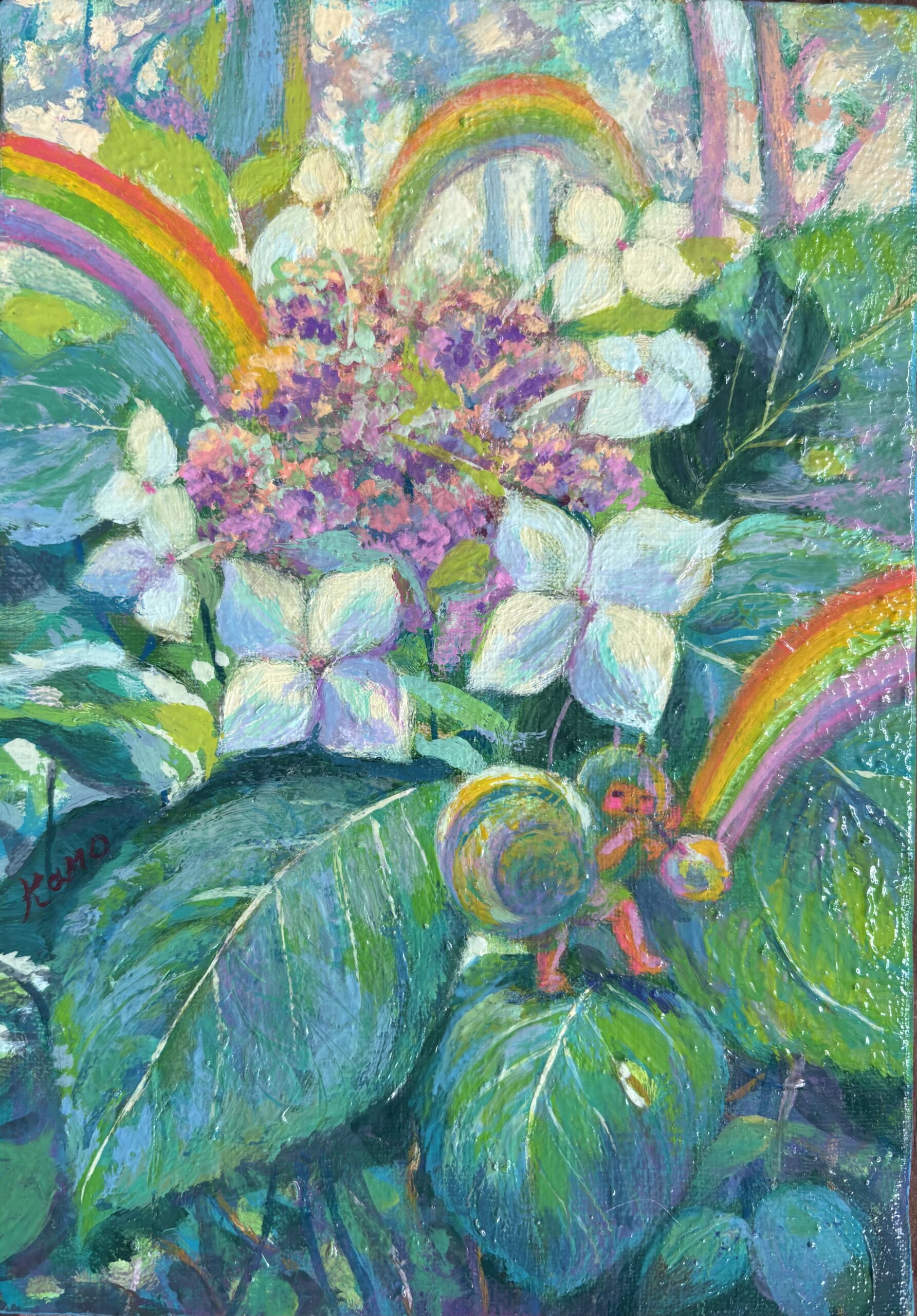絵画 のおすすめ作品・人気作家 紫陽花，カタツムリ，蝸牛，虹，童画，メルヘン，ファンタジー，梅雨，可愛い，ヒーリングアート，絵本，子供，自然，妖精， hydrangea【SM】 インテリア絵画 アート