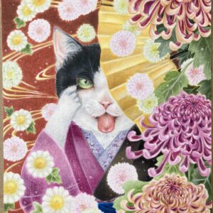 手描きイラスト のおすすめ作品・人気作家 和風 猫 花 赤 黄色 扇子 着物 菊 あっかんべー インテリア絵画 アート