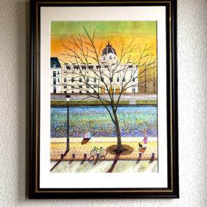 水彩画 のおすすめ作品・人気作家 黄昏時セーヌ川建物夕日 恋人達の時間 インテリア絵画 アート