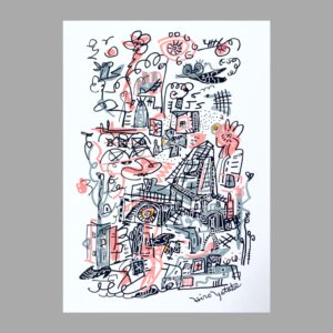 ペン画 ドローイングのおすすめ作品・人気作家 ピンク 抽象画 黒 グレー 街 風景画 Secrets of the City BV-5 インテリア絵画 アート