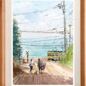 水彩画 のおすすめ作品・人気作家 水彩画原画風景画海湘南リゾート江ノ電 水彩画原画　江ノ電と湘南の海・日坂　＃670 インテリア絵画 アート