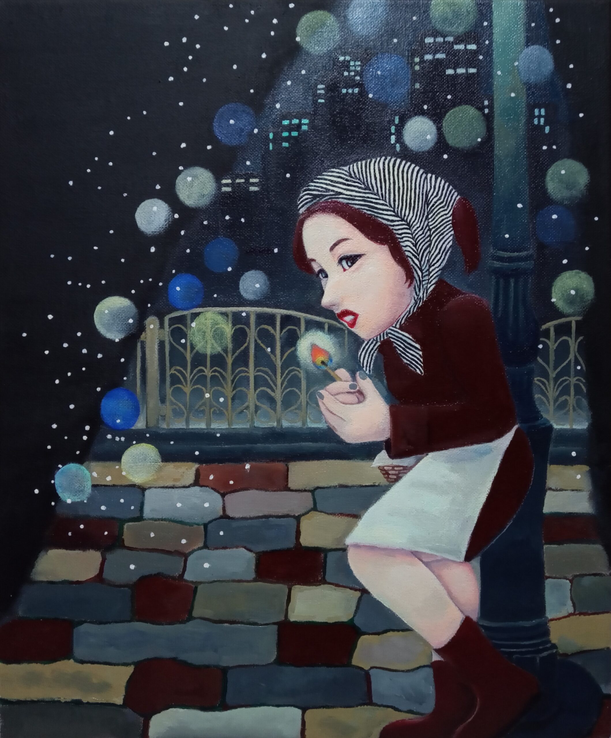油絵 のおすすめ作品・人気作家 現代アート，ポップアート，油彩画，少女，マッチ売り，雪，街角， Play wih Fire インテリア絵画 アート