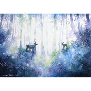 水彩画 のおすすめ作品・人気作家 光 動物 木 森 水彩画 自然 原画 幻想 日 明るい 樹 水彩 絵画 輝き 輝く 逆光 陽 風景 風景画 鹿 森の奥 #6 インテリア絵画 アート