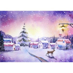 水彩画 のおすすめ作品・人気作家 木 水彩画 自然 冬 原画 幻想 樹 水彩 空想 絵画 雪 風景 風景画 鹿 幸せな雪 インテリア絵画 アート