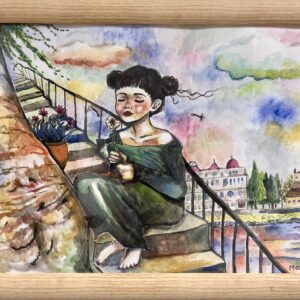 イラスト のおすすめ作品・人気作家 少女 川 恋 階段 風 そよ風にのる インテリア絵画 アート