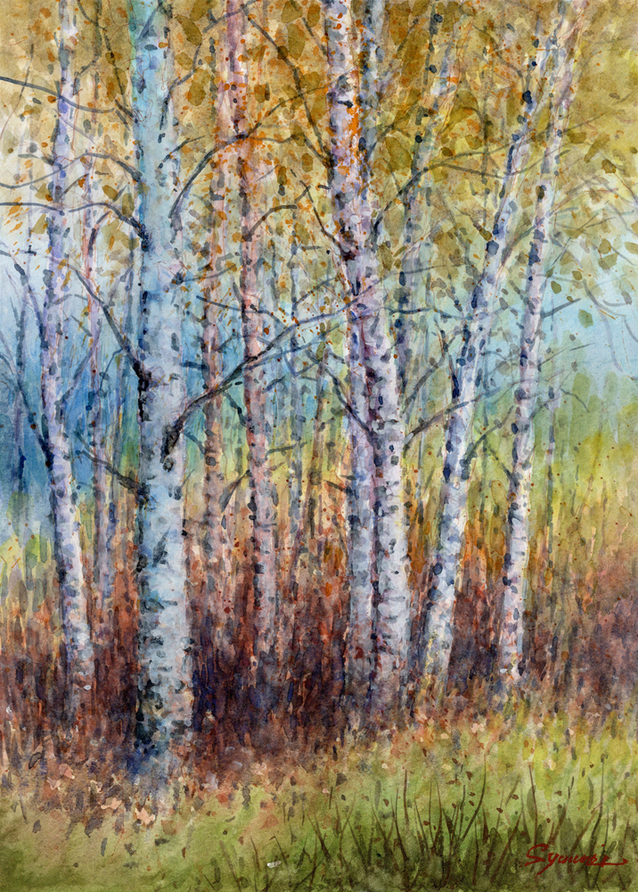 水彩画 のおすすめ作品・人気作家 水彩画原画風景画信州秋紅葉 水彩画原画　白樺林５　＃698 インテリア絵画 アート