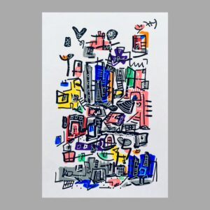 ペン画 ドローイングのおすすめ作品・人気作家 抽象画 赤 黄色 黒 カラフル 緑色 街 青 風景画 City Fragments PS-4 インテリア絵画 アート