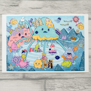 イラスト のおすすめ作品・人気作家 動物 海 クラゲ ファンタジー ポップ 生き物 青 クラゲメリーゴーラウンド インテリア絵画 アート