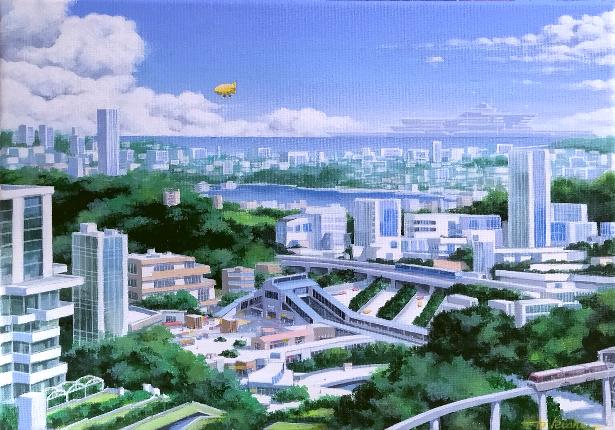 アクリル画 のおすすめ作品・人気作家 アクリル画 ファンタジー 未来都市 海上都市建造中（未来都市02） インテリア絵画 アート