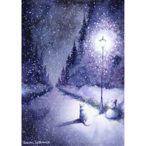 水彩画 のおすすめ作品・人気作家 夜 水彩画 猫 自然 冬 原画 幻想 水彩 空想 絵画 雪 風景 風景画 冬の向こうに インテリア絵画 アート