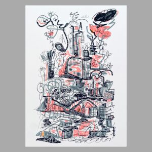 ペン画 ドローイングのおすすめ作品・人気作家 ピンク 抽象画 黒 グレー ドローイング 秘密 街 謎 風景画 Secrets of the City AF-3 インテリア絵画 アート