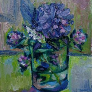 油絵 のおすすめ作品・人気作家 油絵 花 優しさ 癒し 紫とブルー 野の花 コップの花 インテリア絵画 アート