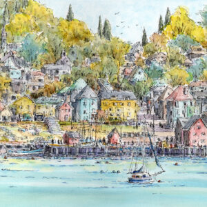 水彩画 のおすすめ作品・人気作家 水彩画原画風景画海港町秋街並み船ヨット黄葉 水彩画原画　秋色港町 B　＃709 インテリア絵画 アート