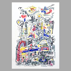 ペン画 ドローイングのおすすめ作品・人気作家 抽象画 赤 黒 グレー ドローイング 秘密 街 謎 都会 青 風景画 Urban Echoes AF-3 インテリア絵画 アート