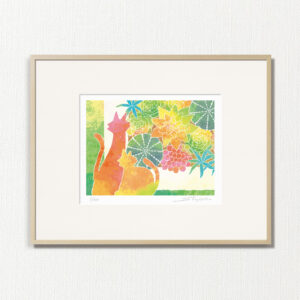 版画 のおすすめ作品・人気作家 植物 猫 白 緑 黄色 fineart modernart Nature ねこ インテリアアート オレンジ ネコ パステルカラー ファインアート モダンアート 多肉植物 観葉植物 静物 額付き 額装品 ネコの置物と多肉植物寄せ植え（CP-009-4・半切） インテリア絵画 アート