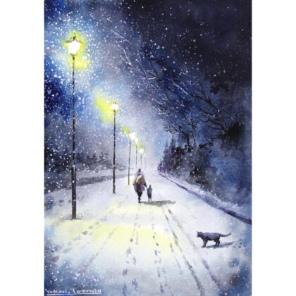 水彩画 のおすすめ作品・人気作家 水彩画 原画 水彩 絵画 足跡 雪跡 灯 人 雪 夜空 夜 猫 アート イラスト 風景 風景画 雪跡 インテリア絵画 アート