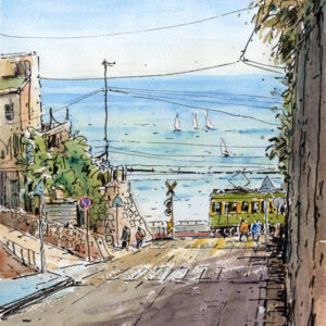 水彩画 のおすすめ作品・人気作家 水彩画原画風景画江ノ電七里ガ浜鎌高前踏切電車湘南日坂 水彩画原画　江ノ電・日和 七里ガ浜の海　＃704 インテリア絵画 アート