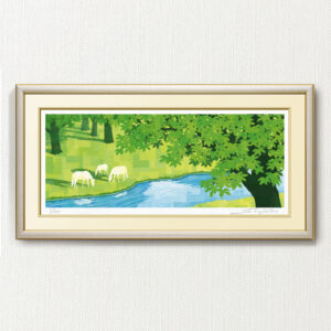 版画 のおすすめ作品・人気作家 白 緑 自然 黄色 fineart modernart Nature インテリアアート ファインアート モダンアート 樹 水辺 湖畔 白馬 額付き 額装品 風景 風景画 馬 陽だまりの畔(WA-090・60×30) インテリア絵画 アート