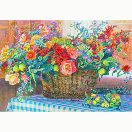 水彩画 のおすすめ作品・人気作家 水彩画 花 赤 アクリル画 オレンジ ガーデン ナチュラル フラワー フラワーアレンジメント ブラウン 暖色 木製 版画 秋 花の絵 茶色 額装バスケット フラワー インテリア絵画 アート